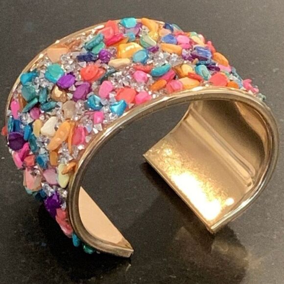 18k Gold Plate Rainbow Sprinkles Gemstone Cuff Multicolor Wide Bangle Bracelet - Picture 1 of 9